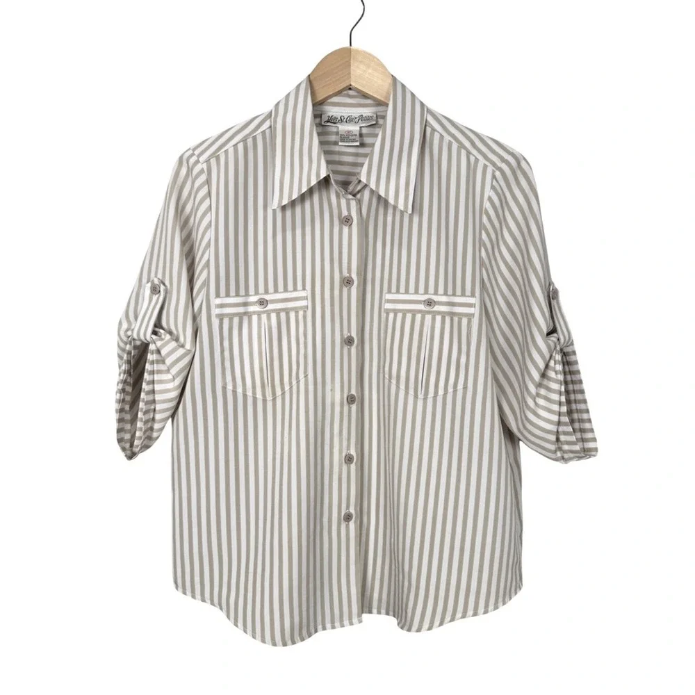 Yves St Clair Petites‎ Womens Striped Button Up Roll Tab Sleeve Shirt Top 14P